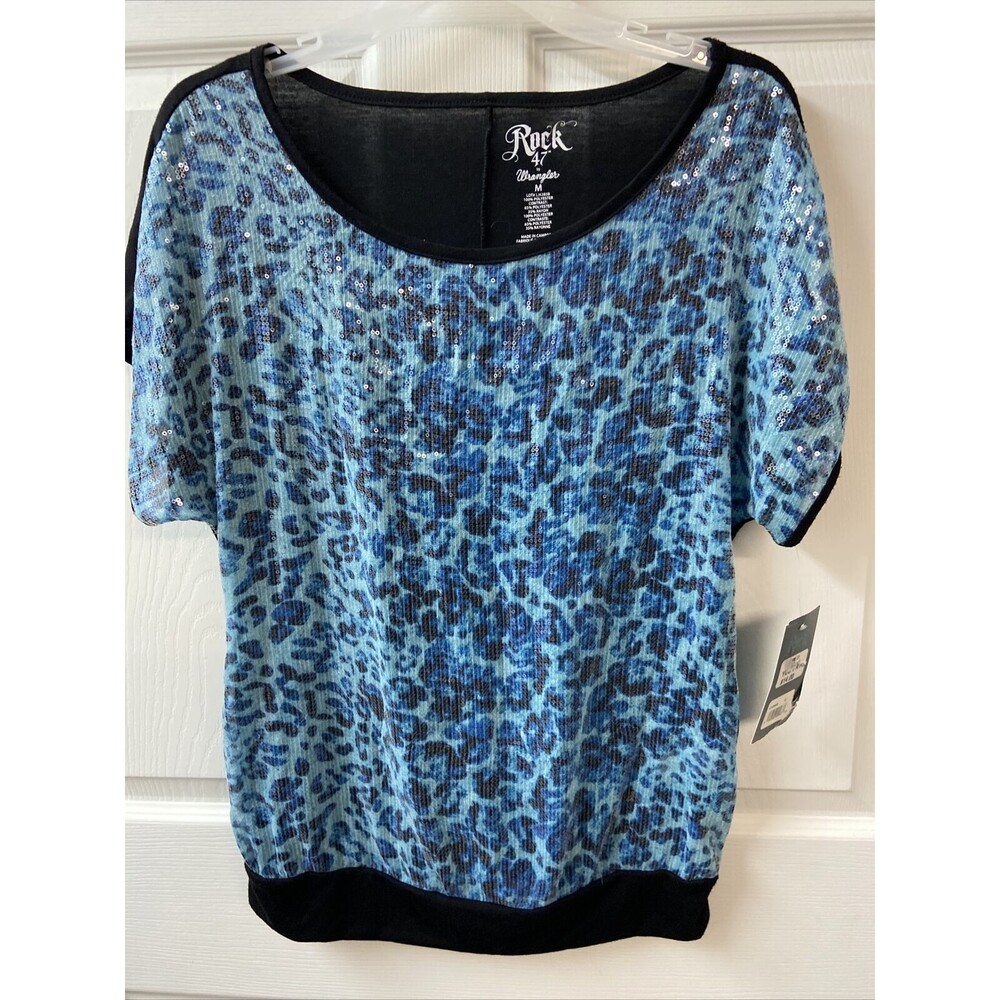 Top Womens Medium Blue With Tags Sparkle Sequined Party Wrangler Rock 47  Tags